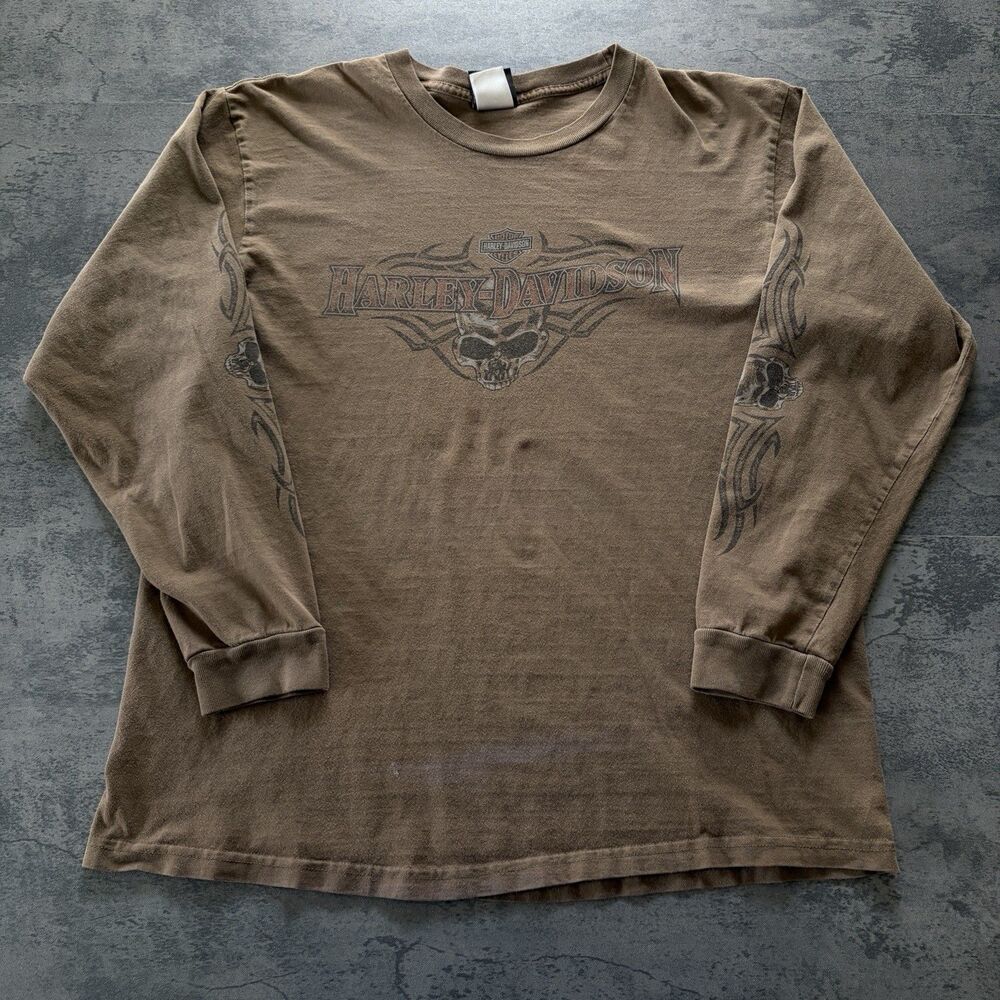 Vintage Y2K Harley-Davidson Skull Tshirt Brown Long Sleeve Size XL Baltimore